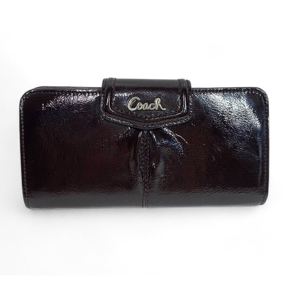 COACH Patent Leather Large Pleated Bifold Wallet Chocolate Brown 7.5"W x 4"H - Picture 1 of 10